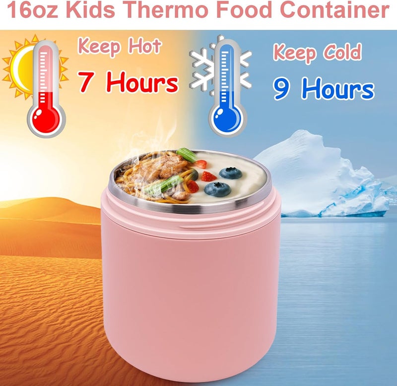 Juome 16oz Kids Thermo for Hot Food - Insulated Vacuum Food Jar Container, Wide Mouth Stainless Steel Soup Thermo Lunch Box for Kids with Spoon, Leakproof (Pink) - Image 3